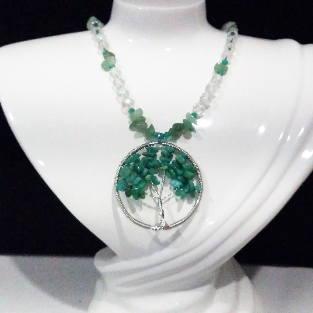 Aventurine Tree of Life Silvertone Necklace